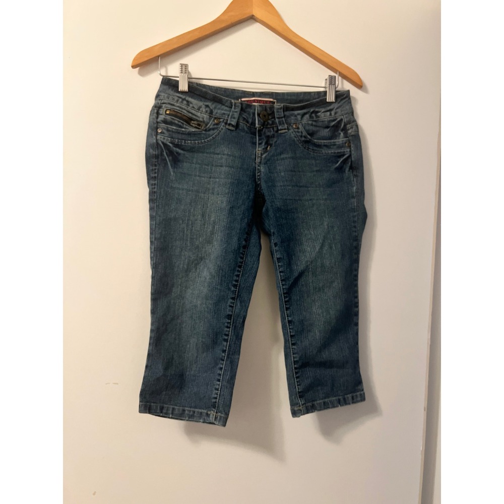 Younique Jeans Womens Blue Denim Capris Y2K Low Rise Zipper Pocket Crop Pants 3